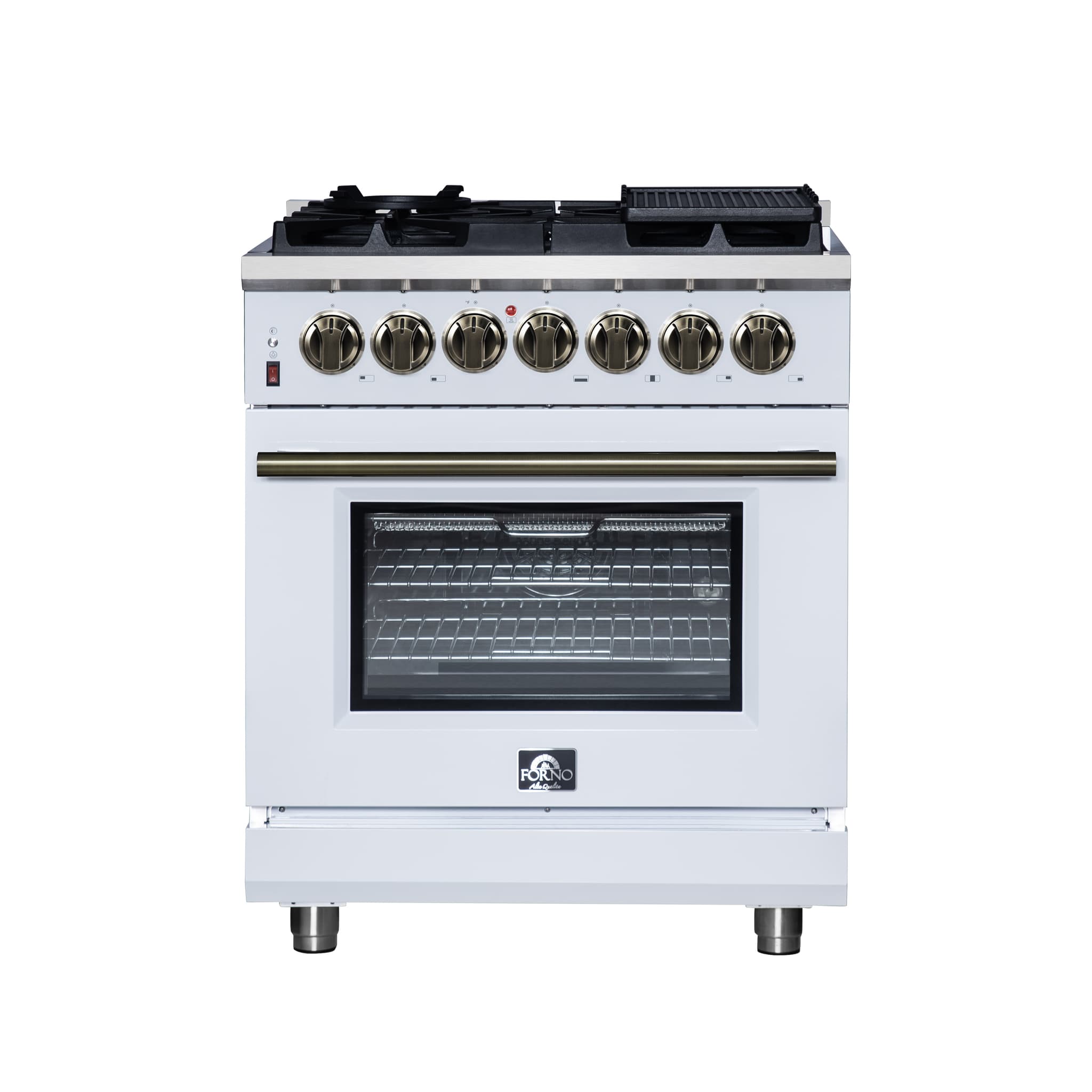 Galiano 48-inch Dual Fuel Range White & Antique Brass Design with 8 Sealed Burners 107,000 BTU, 6.58 cu. ft. double ovens & Griddle
