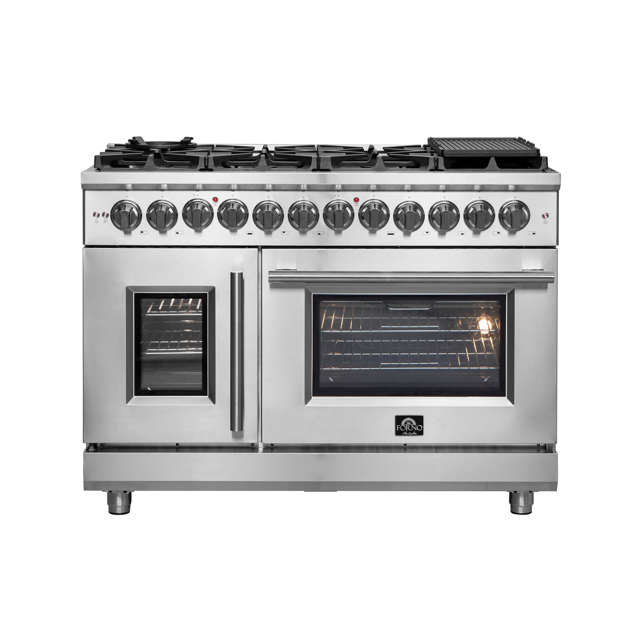 Forno Massimo 48 Inch Freestanding Dual Fuel Range in Black with Antique Brass Accessories, 8 Burners, 6.58 cu. ft. Convection Oven