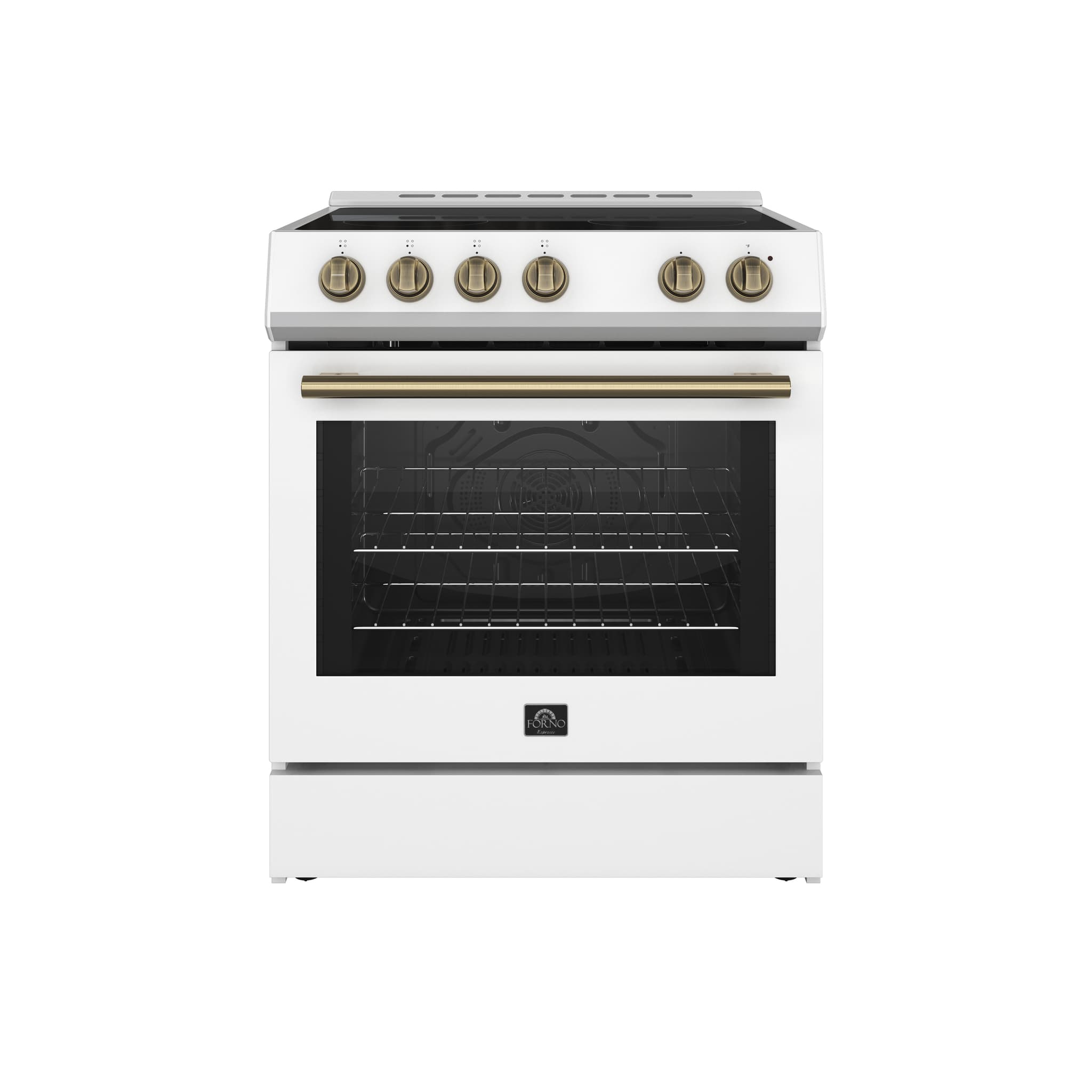 Forno Paolo 48 Inch Freestanding Electric Range in White with Antique Brass, 6.7 cu.ft, True Convection Oven, Energy Efficient