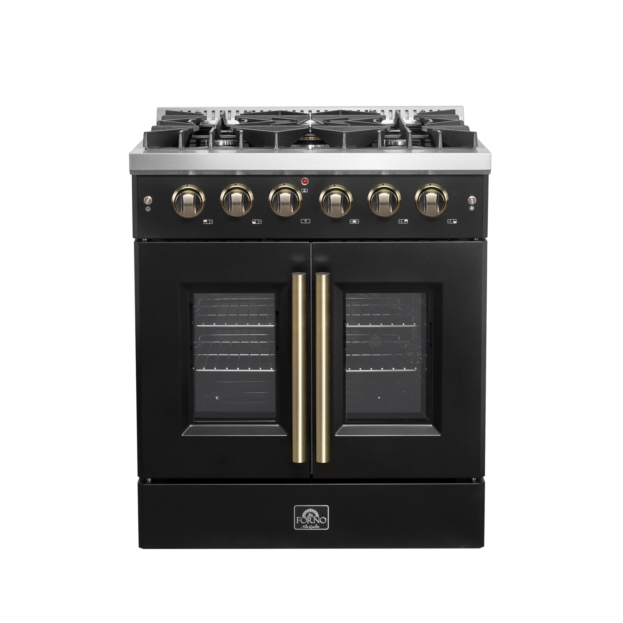 Forno Leonardo 30-Inch Stainless Steel Gas Range, 5 Sealed Burners (Totaling 39,500 BTU), 5 cu.ft. Convection Oven, Continuous Cast Iron Grates, Black Enamel Interior, Auto Re-Ignition, LP Conversion Kit Included