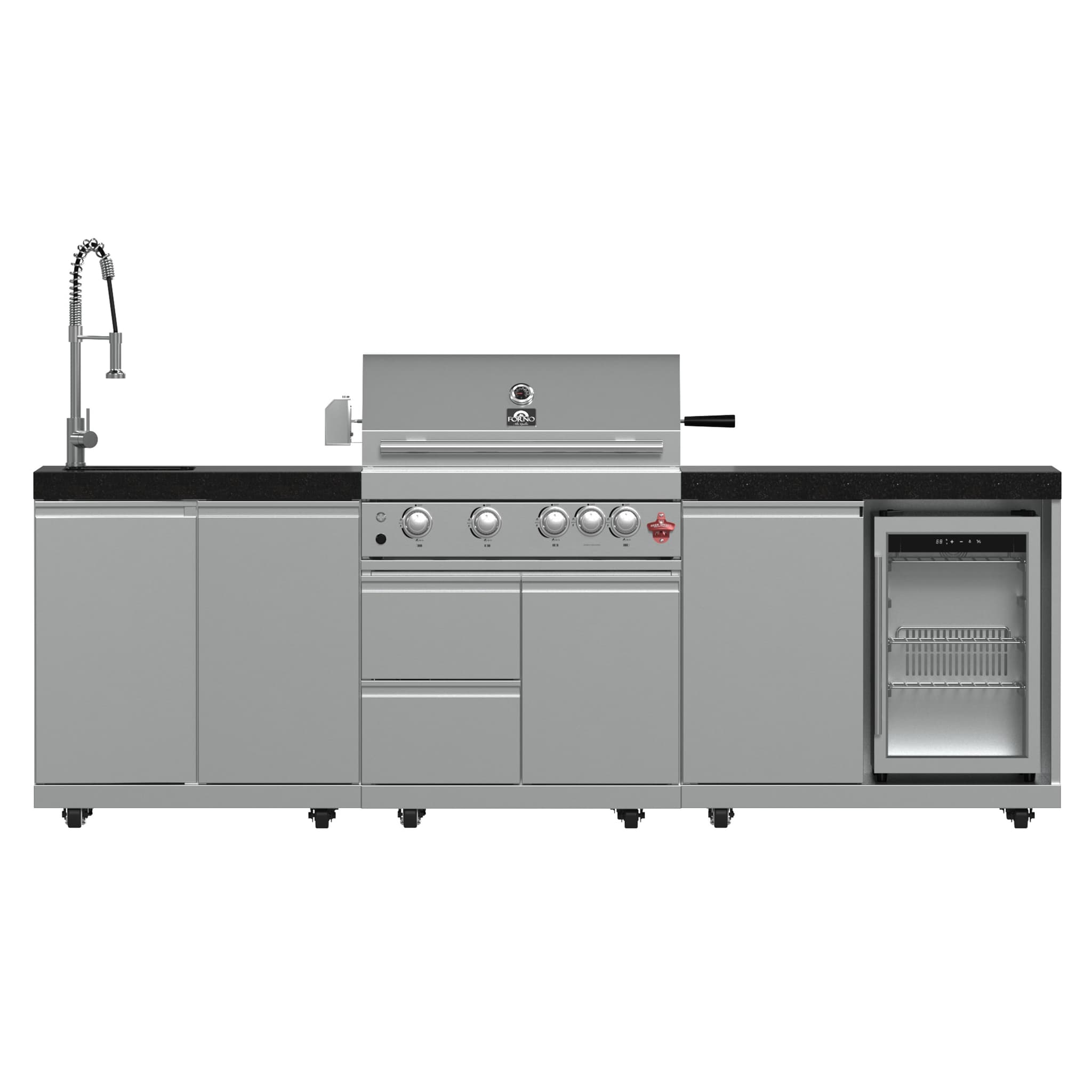 Forno All’Aperto 99,600 BTU Outdoor Kitchen, 5 Burners, Infrared Burners, Side Burner, Black Sintered Stone Countertops, Gas Pizza Oven, Sink Module, Bar & Beverage Center
